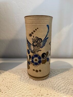 Signed GF Tonala Owl Vase 8” Hand Painted Mexican Folk Art EUC Vintage